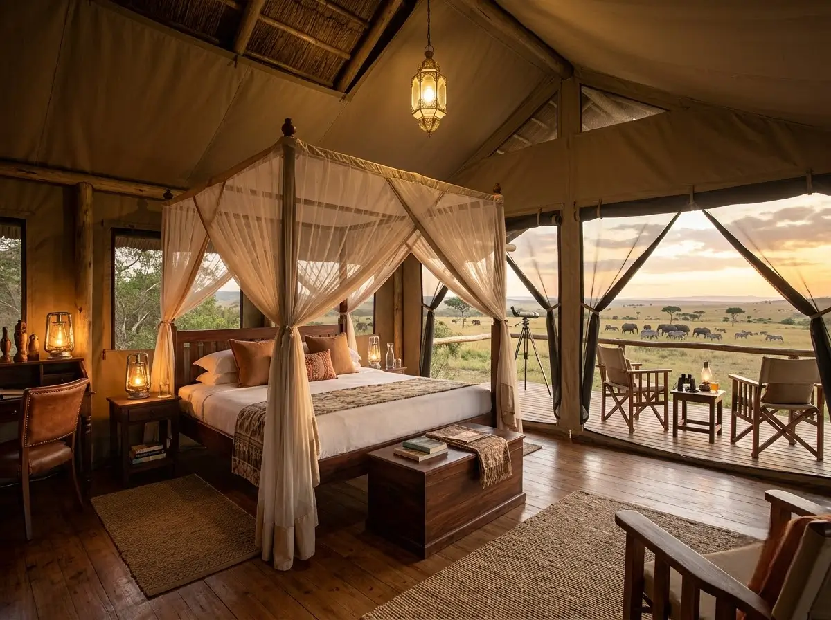 Canvas-walled tented camp suite with veranda inside the Masai Mara National Reserve