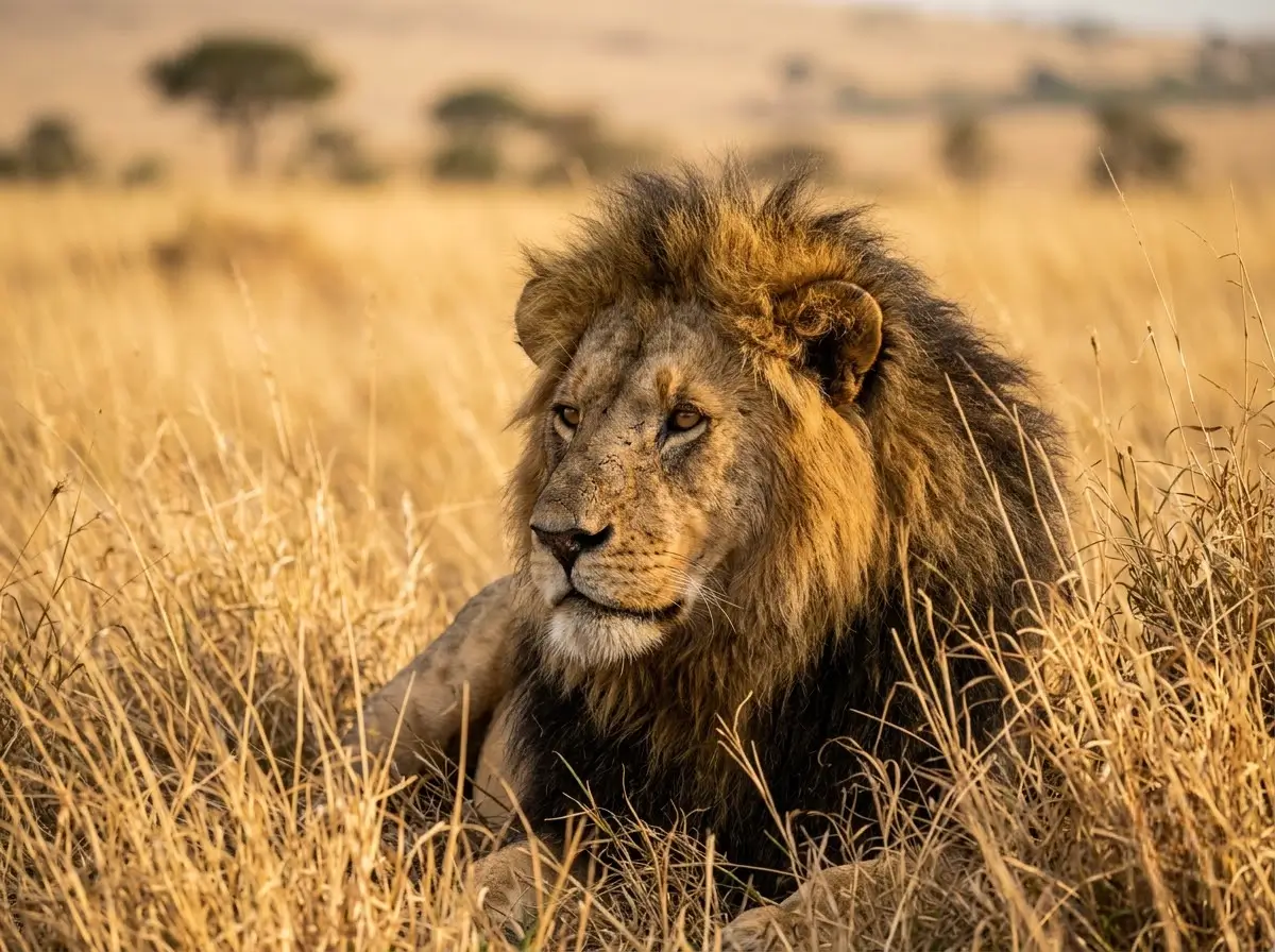 Lion resting in golden dry grass during a Kenya wildlife safari game drive