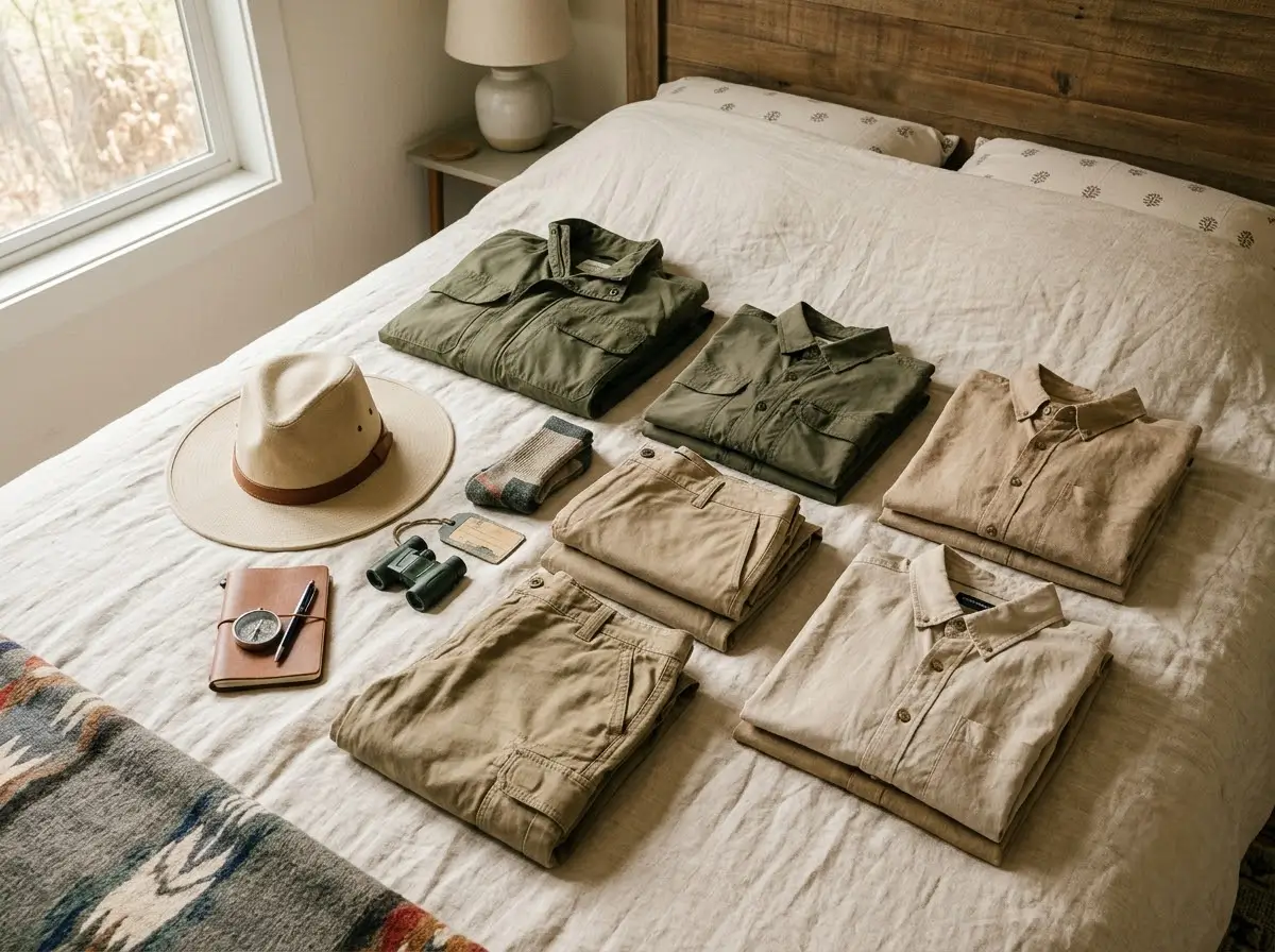 Neutral khaki and olive safari clothing laid out for a Kenya wildlife safari packing list