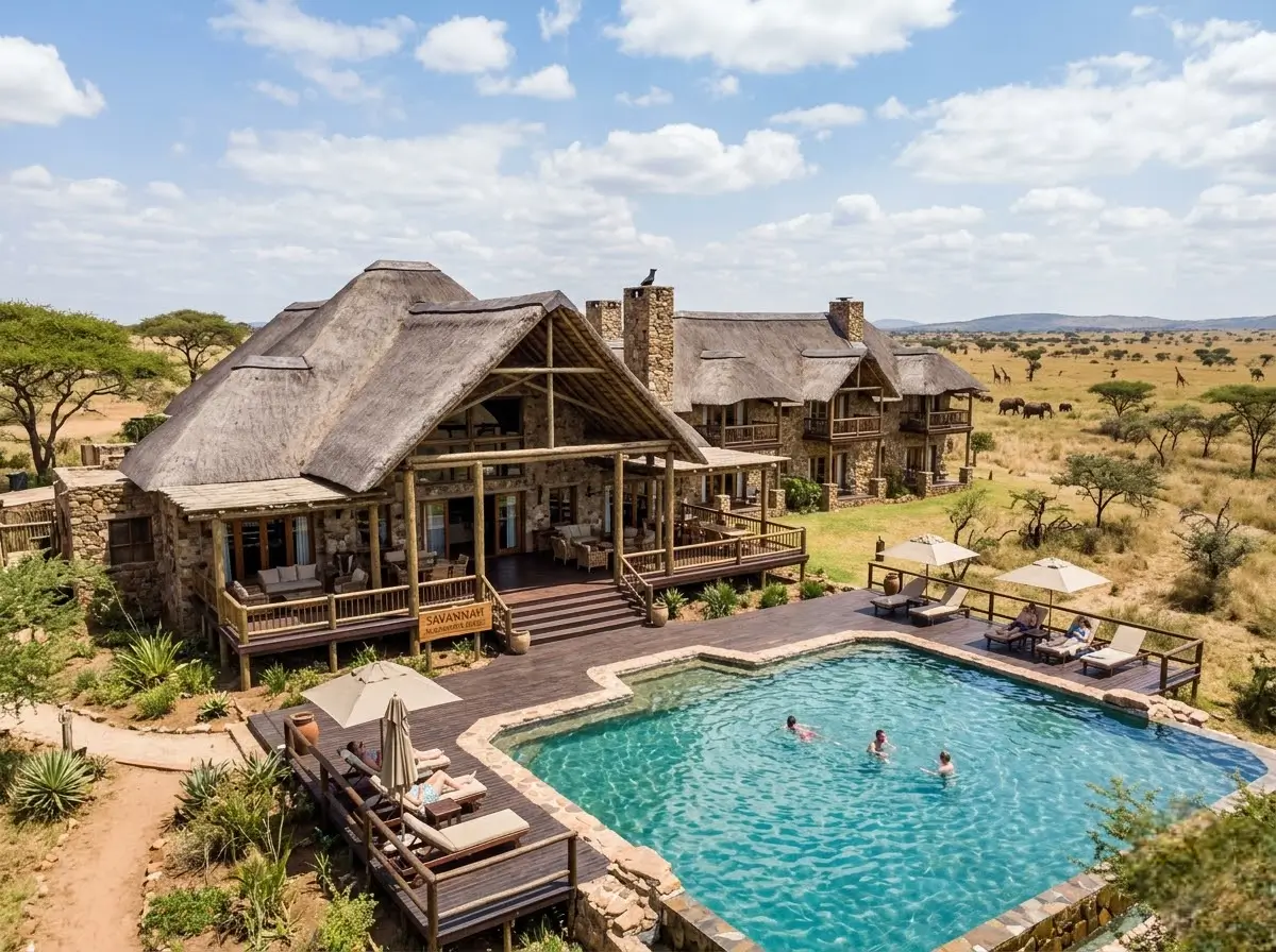 Stone-built safari lodge exterior on a Masai Mara National Reserve tour