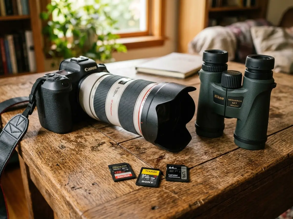 Camera with zoom lens, binoculars and memory cards packed for a Kenya wildlife safari