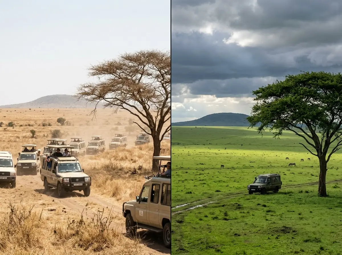 Side-by-side of a busy peak-season game drive and a quiet shoulder-season plain with a single vehicle
