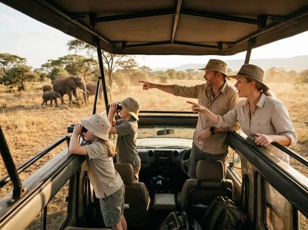 A family with children watching elephants from a safari vehicle
