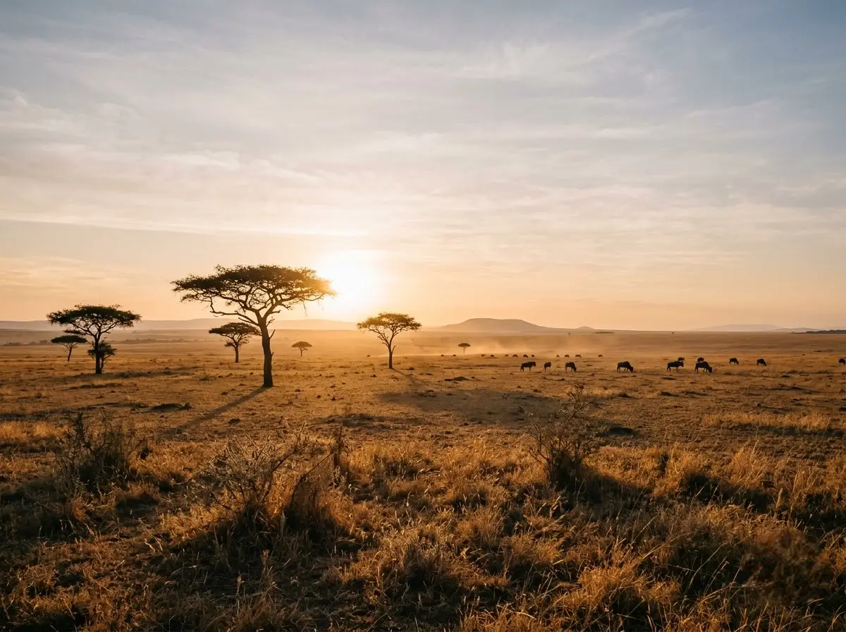 Golden-hour wide shot of the Masai Mara plains with a small herd of wildebeest in the distance