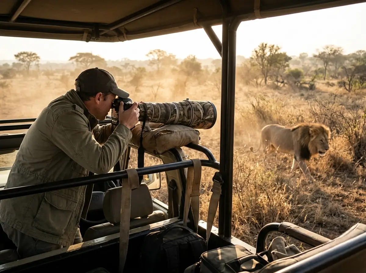Photographer with a long lens shooting wildlife from a safari vehicle at golden hour