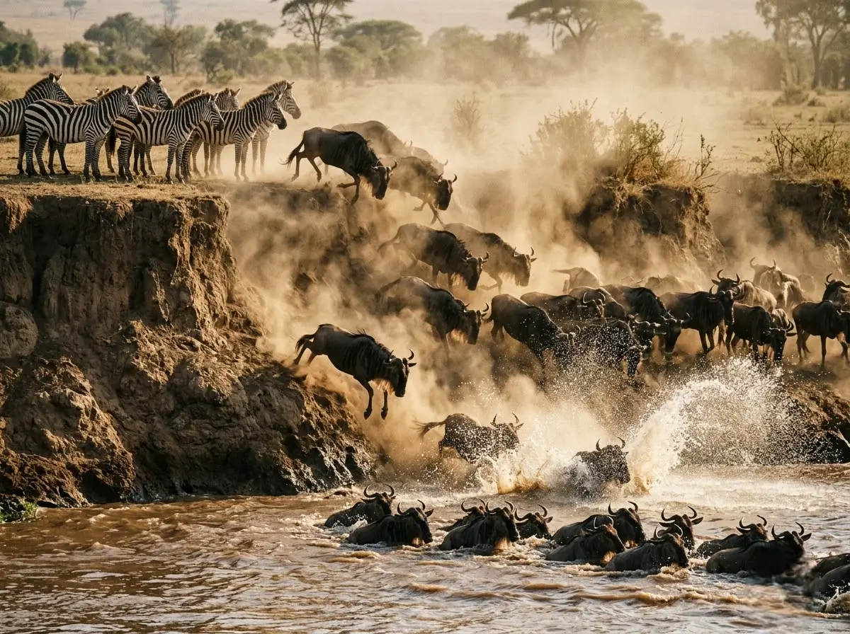 Wildebeest mid-crossing through the Mara River with dust and water spray