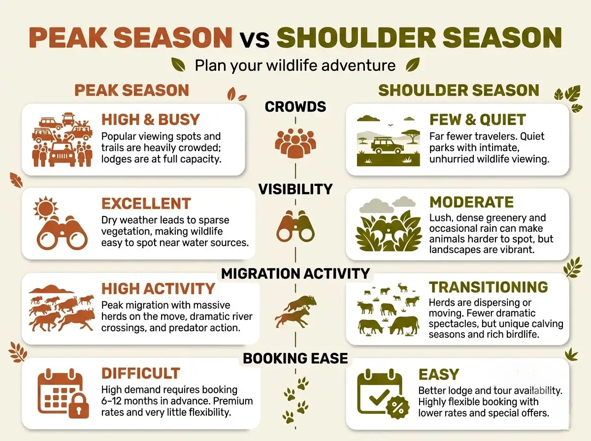 Two-column comparison of peak season and shoulder season in the Masai Mara