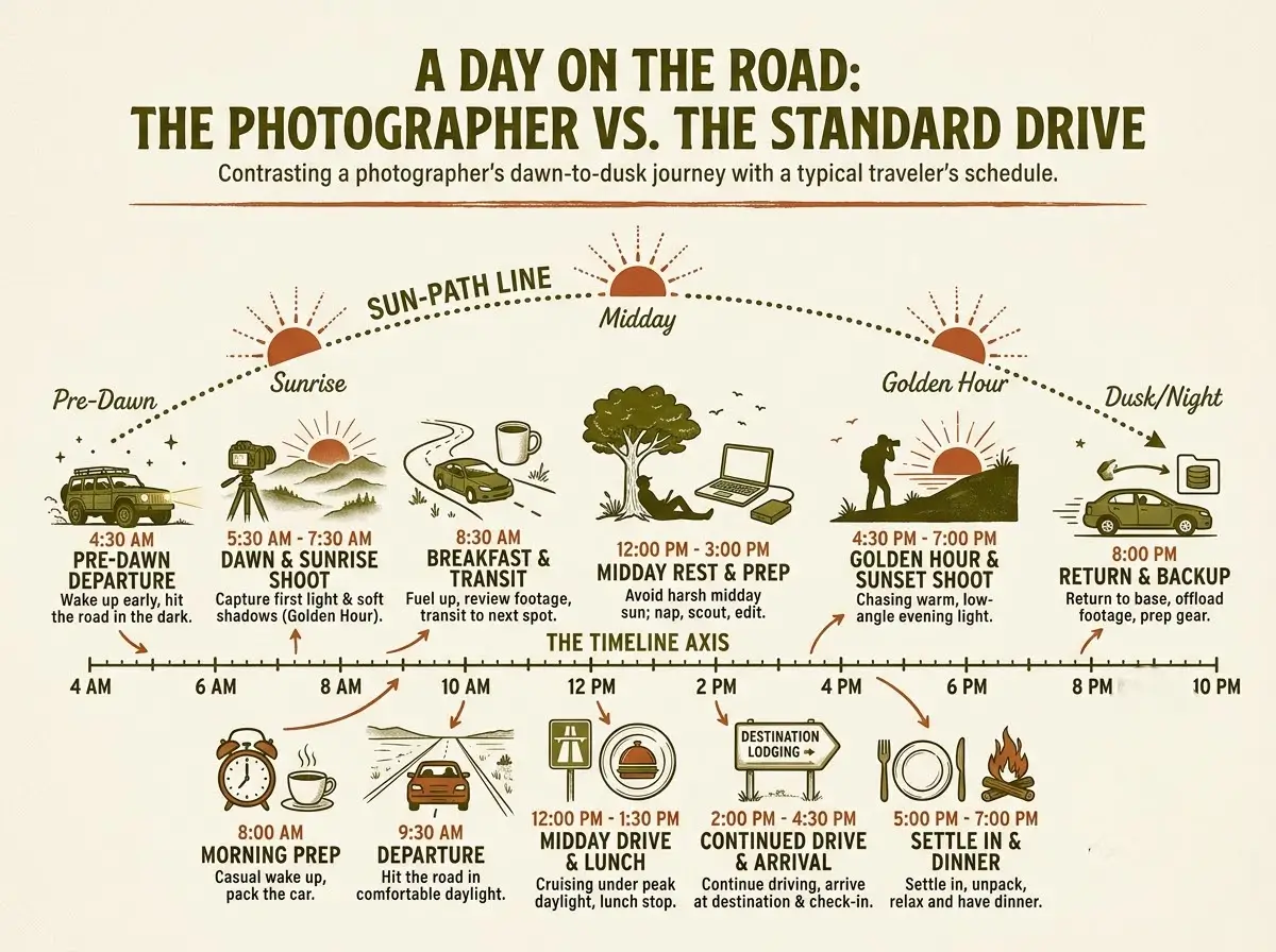 A photographer's day from pre-dawn departure to golden hour return compared with a standard drive schedule