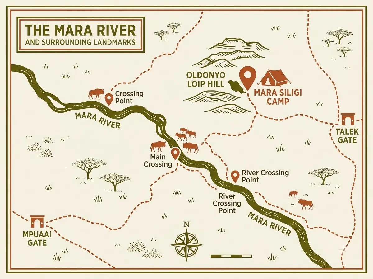 Map-style graphic showing camp proximity to river crossing points along the Mara River